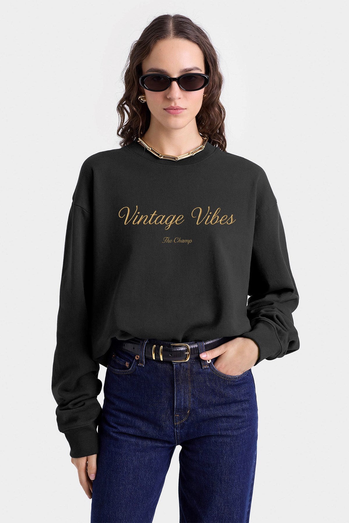 Kadın Oversize Sweatshirt Vintage Vibes Baskılı Füme Konsept – Bisiklet Yaka, 3 İplik Şardonlu Polar