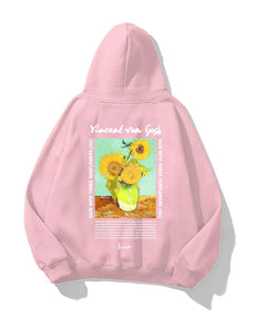 Kapüşonlu İçi Polar Vincent Van Gogh Baskılı Pembe Unisex Hoodie Sweatshirt