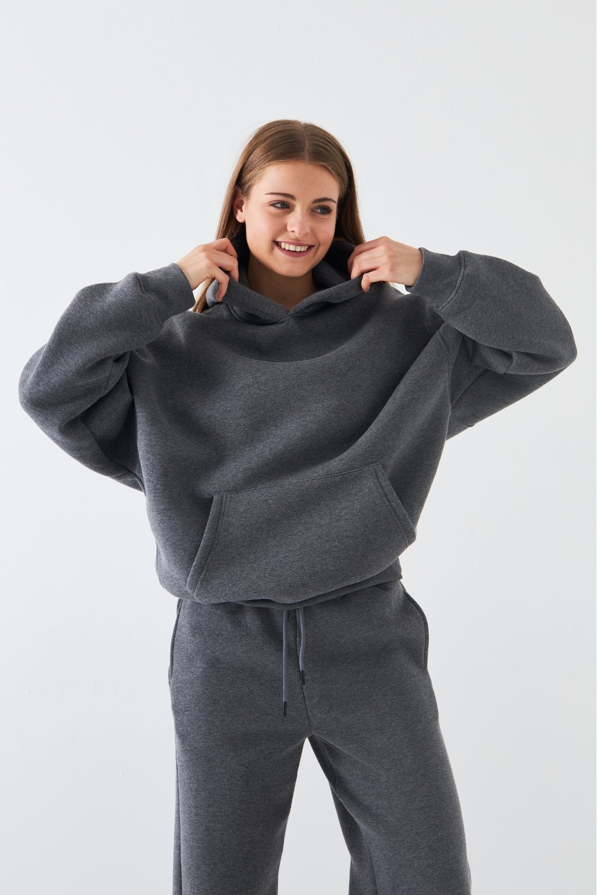 Oversize Unisex Eşofman Takımı Füme Melanj – Basic, 3 İplik Polar; Kapüşonlu Üst, Lastikli Alt
