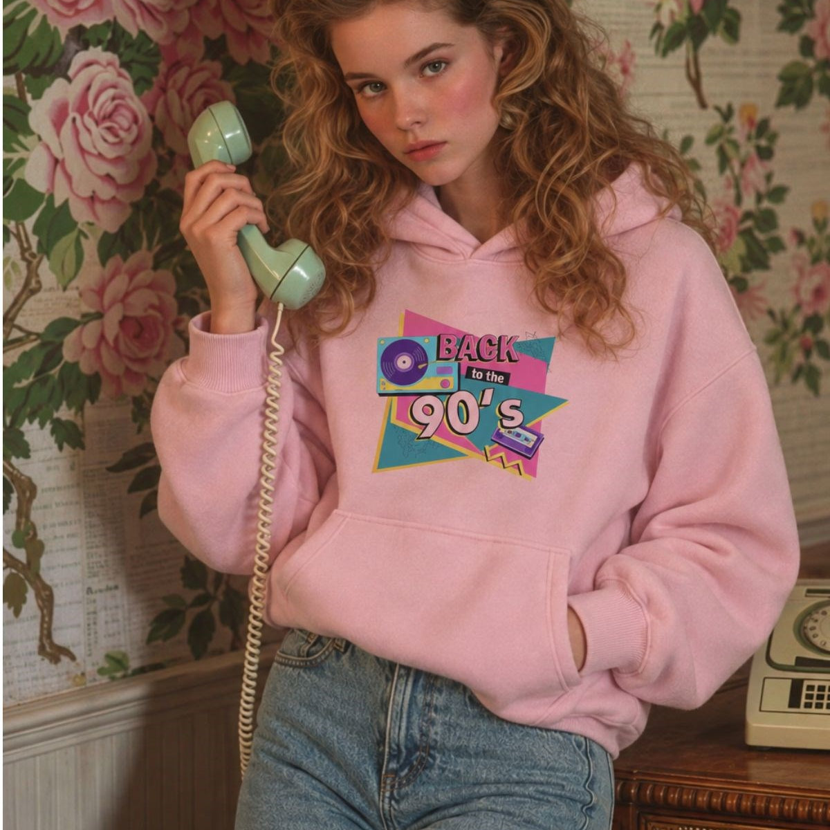 Kadın Oversize Hoodie Back To The 90’s Baskılı Pembe - Kapüşonlu, Kanguru Cepli, 3 İplik Polar