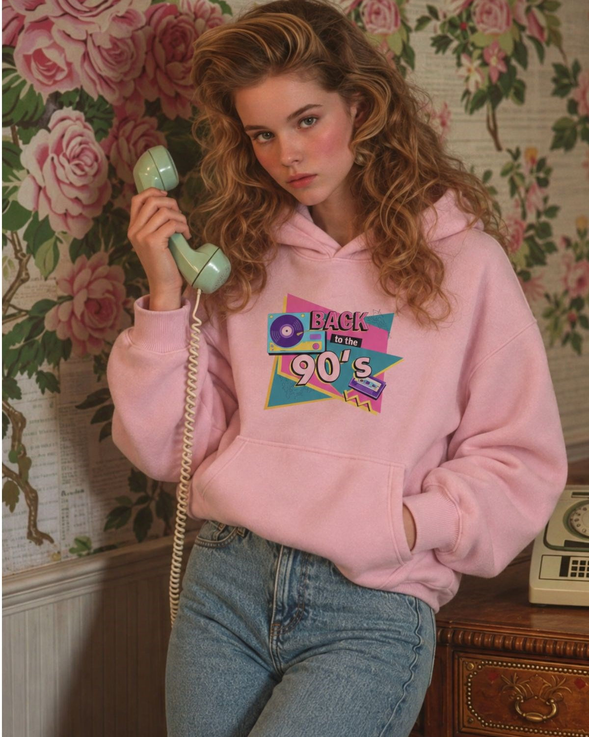 Kadın Oversize Hoodie Back To The 90’s Baskılı Pembe - Kapüşonlu, Kanguru Cepli, 3 İplik Polar