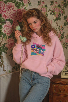 Kadın Oversize Hoodie Back To The 90’s Baskılı Pembe - Kapüşonlu, Kanguru Cepli, 3 İplik Polar