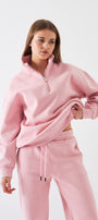 Unisex Oversize Sweatshirt Basic Pembe – Yarım Fermuar Dik Yaka, 3 İplik Şardonlu Polar