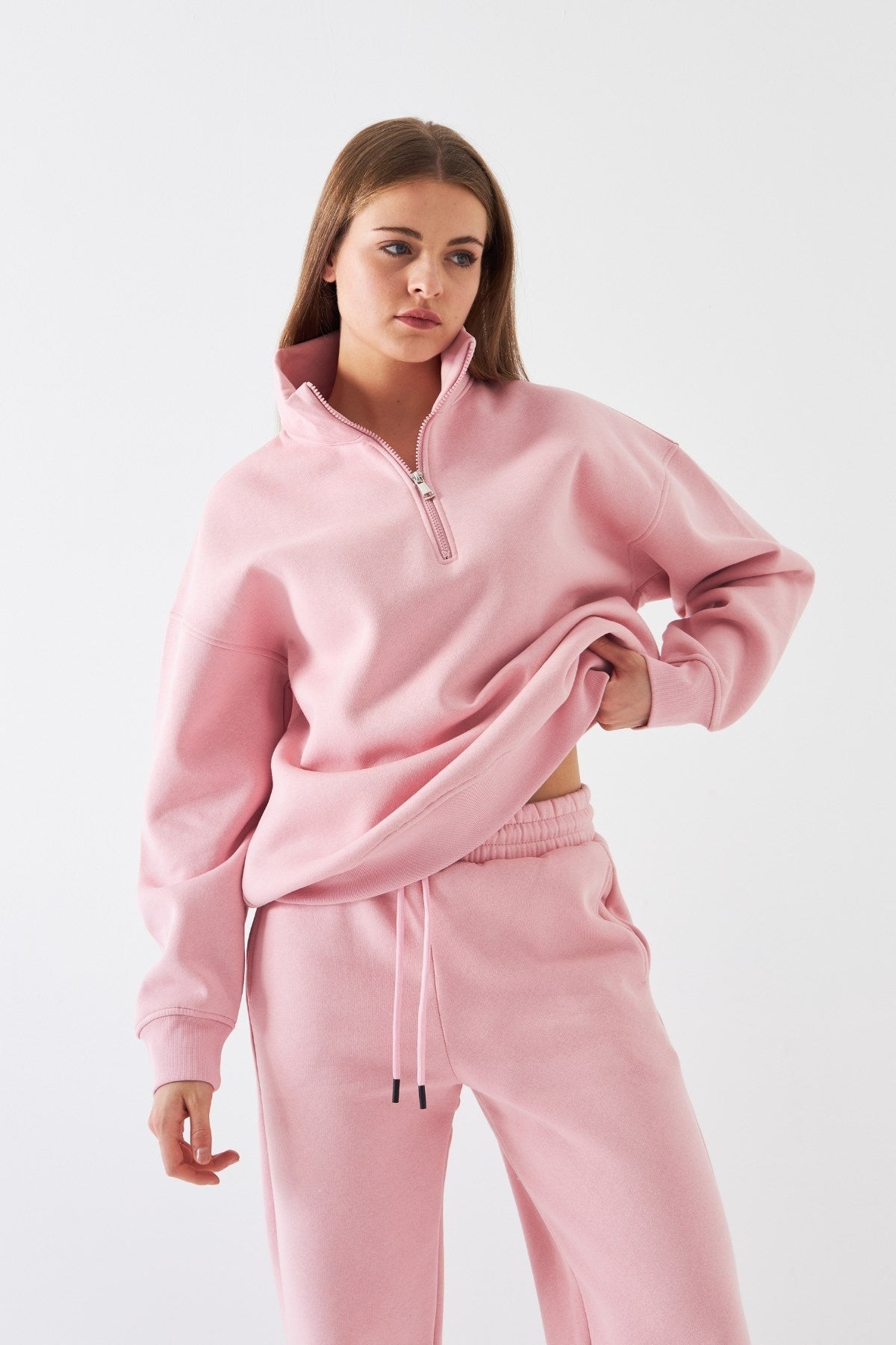 Unisex Oversize Sweatshirt Basic Pembe – Yarım Fermuar Dik Yaka, 3 İplik Şardonlu Polar