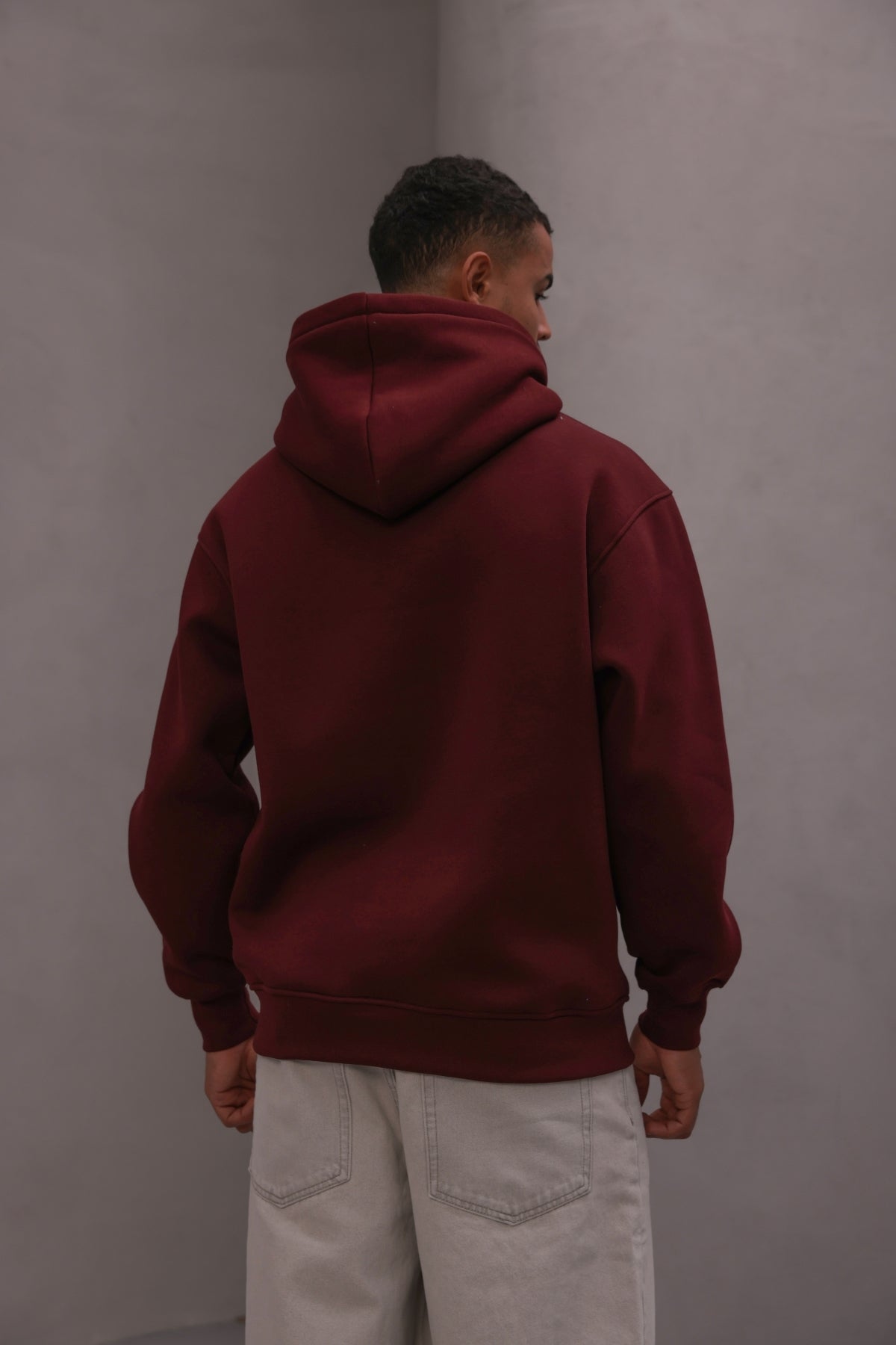 Erkek Oversize Sweatshirt Hoodie Basic Bordo – Kapüşonlu, 3 İplik Polar, Kanguru Cepli