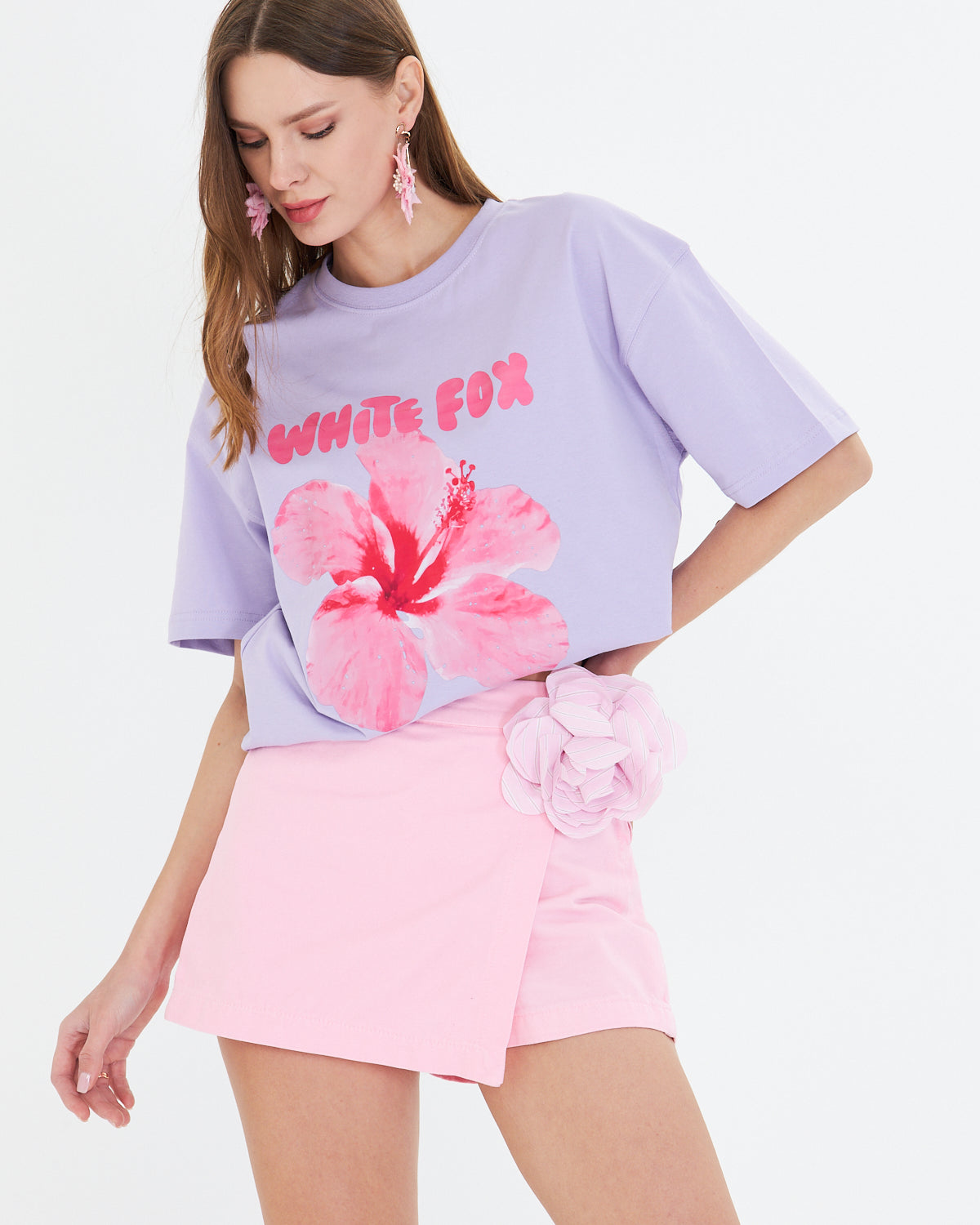 Hibiscus Çiçek Baskılı White Fox Kadın Tişört Günlük Rahat Kesim Mor