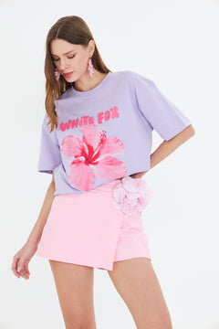 Hibiscus Çiçek Baskılı White Fox Kadın Tişört Günlük Rahat Kesim Mor