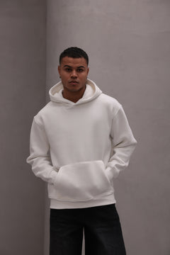 Erkek Oversize Sweatshirt Hoodie Basic Beyaz – Kapüşonlu, 3 İplik Polar, Kanguru Cepli