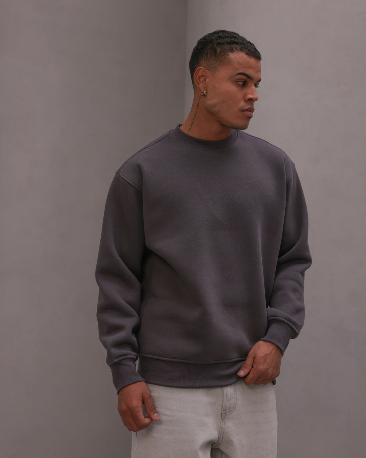 Erkek Oversize Sweatshirt Basic Füme – Bisiklet Yaka, 3 İplik Şardonlu Polar