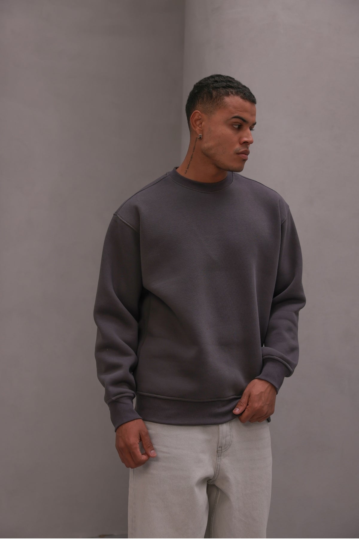 Erkek Oversize Sweatshirt Basic Füme – Bisiklet Yaka, 3 İplik Şardonlu Polar