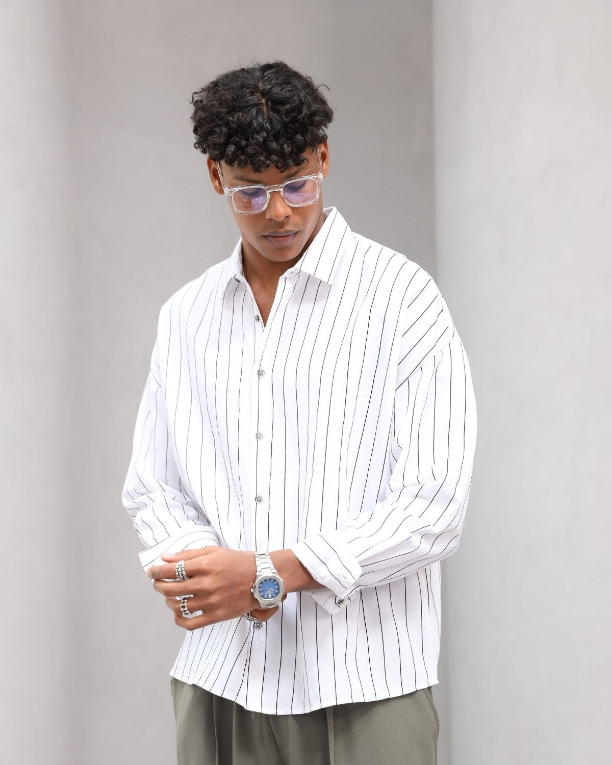 Çizgili Naturel Renk Oversize Erkek Gömlek