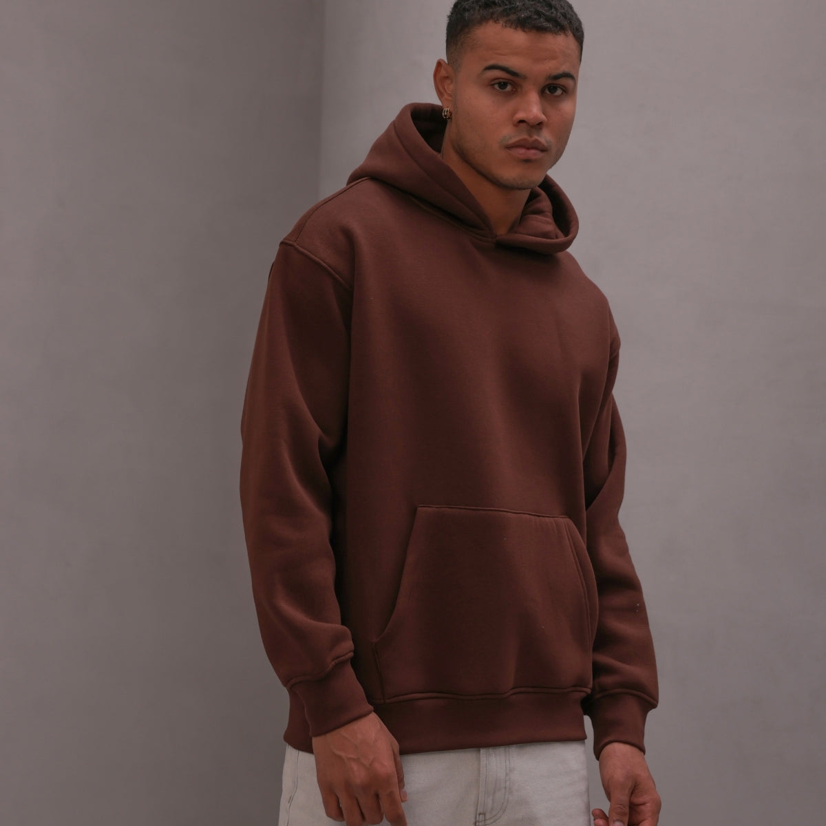 Erkek Oversize Sweatshirt Hoodie Basic Kahverengi – Kapüşonlu, 3 İplik , Kanguru Cepli