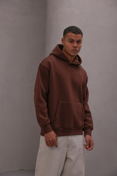 Erkek Oversize Sweatshirt Hoodie Basic Kahverengi – Kapüşonlu, 3 İplik , Kanguru Cepli