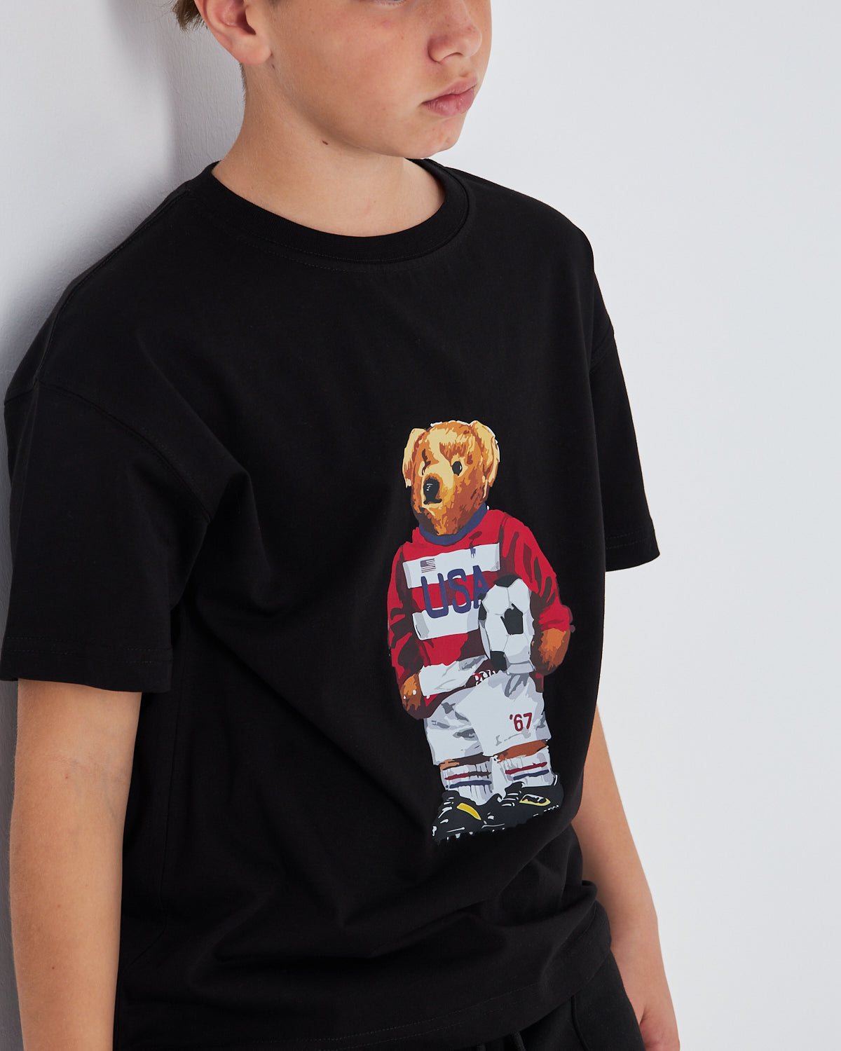 Teddy Bear Baskılı %100 Pamuk Erkek Oversize Çocuk Tişört Siyah