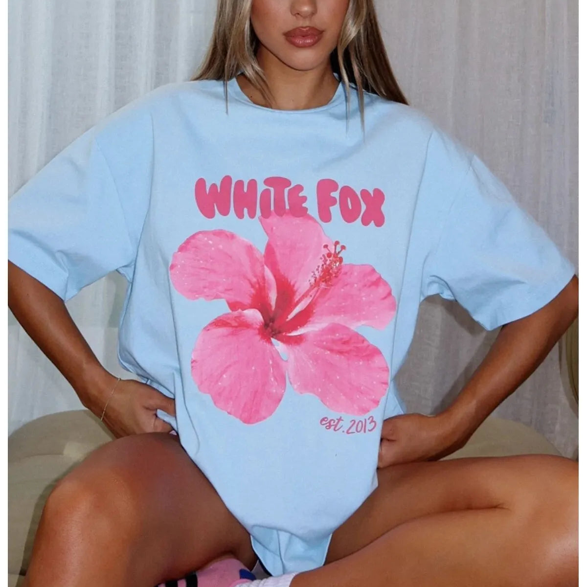 Hibiscus Çiçek Baskılı White Fox Kadın Tişört Günlük Rahat Kesim