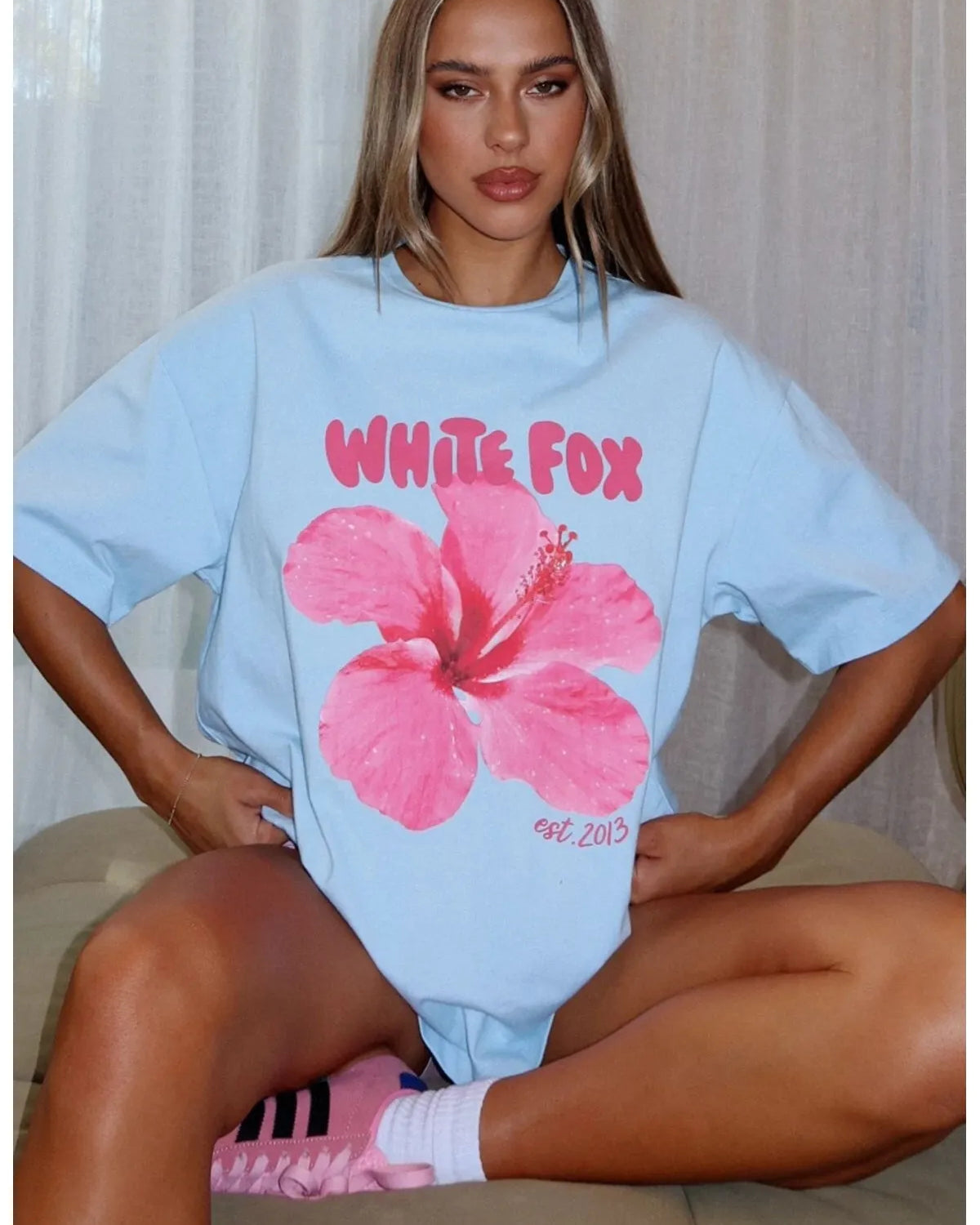 Hibiscus Çiçek Baskılı White Fox Kadın Tişört Günlük Rahat Kesim