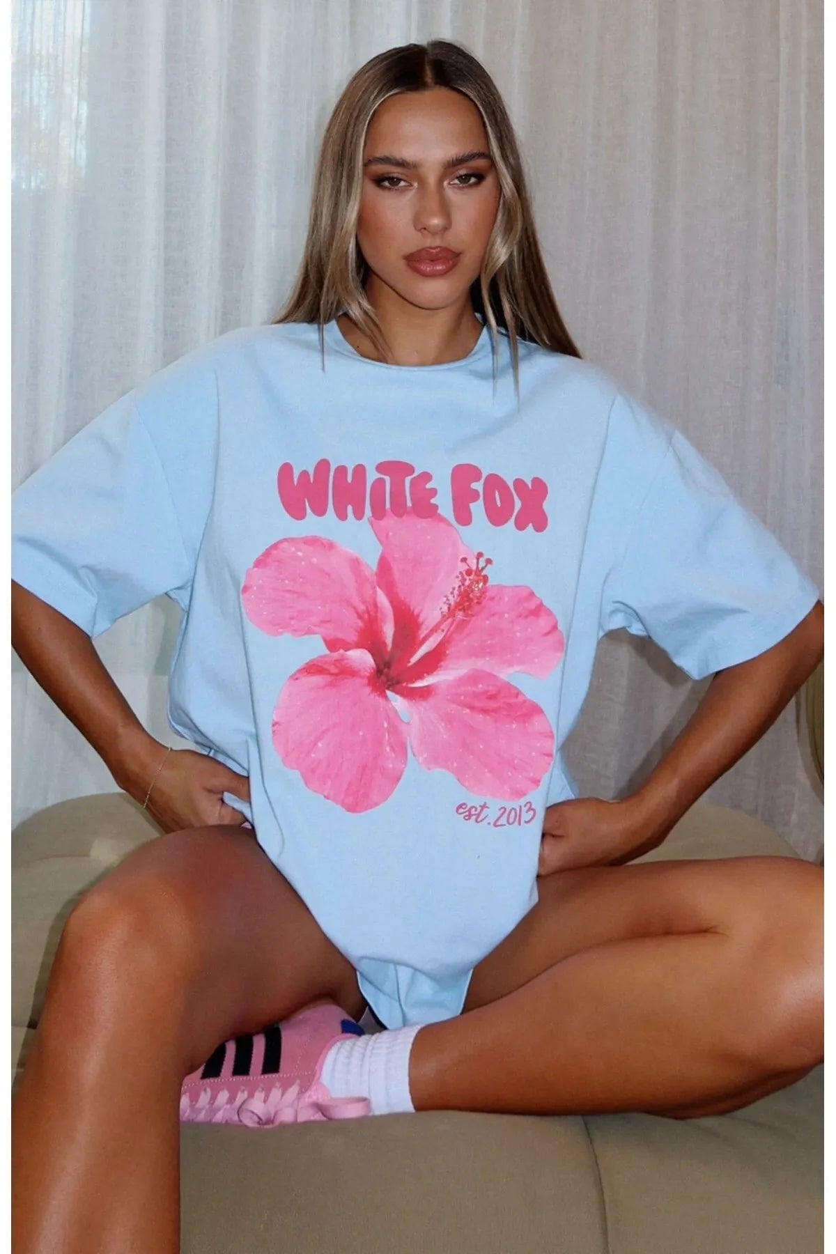 Hibiscus Çiçek Baskılı White Fox Kadın Tişört Günlük Rahat Kesim