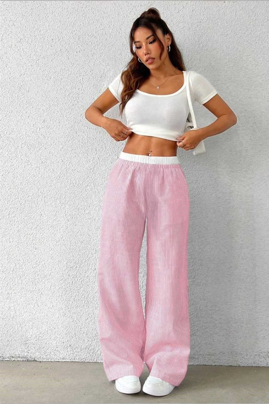 Kadın Pembe Çizgili Poplin Dokuma Pantolon – Yüksek Bel Lastikli Bol Paça Rahat Model