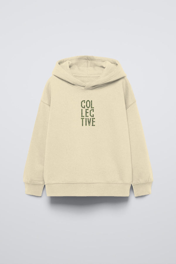 Bej Kapüşonlu Collective Yazılı Arka Fly Kn It Yazılı Oversize Çocuk Sweatshirt