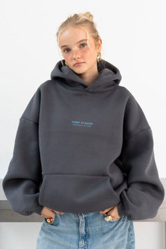 Kadın Oversize Sweatshirt Hoodie CHMP STUDIOS Füme – Kapüşonlu, 3 İplik Polar, Kanguru Cepli