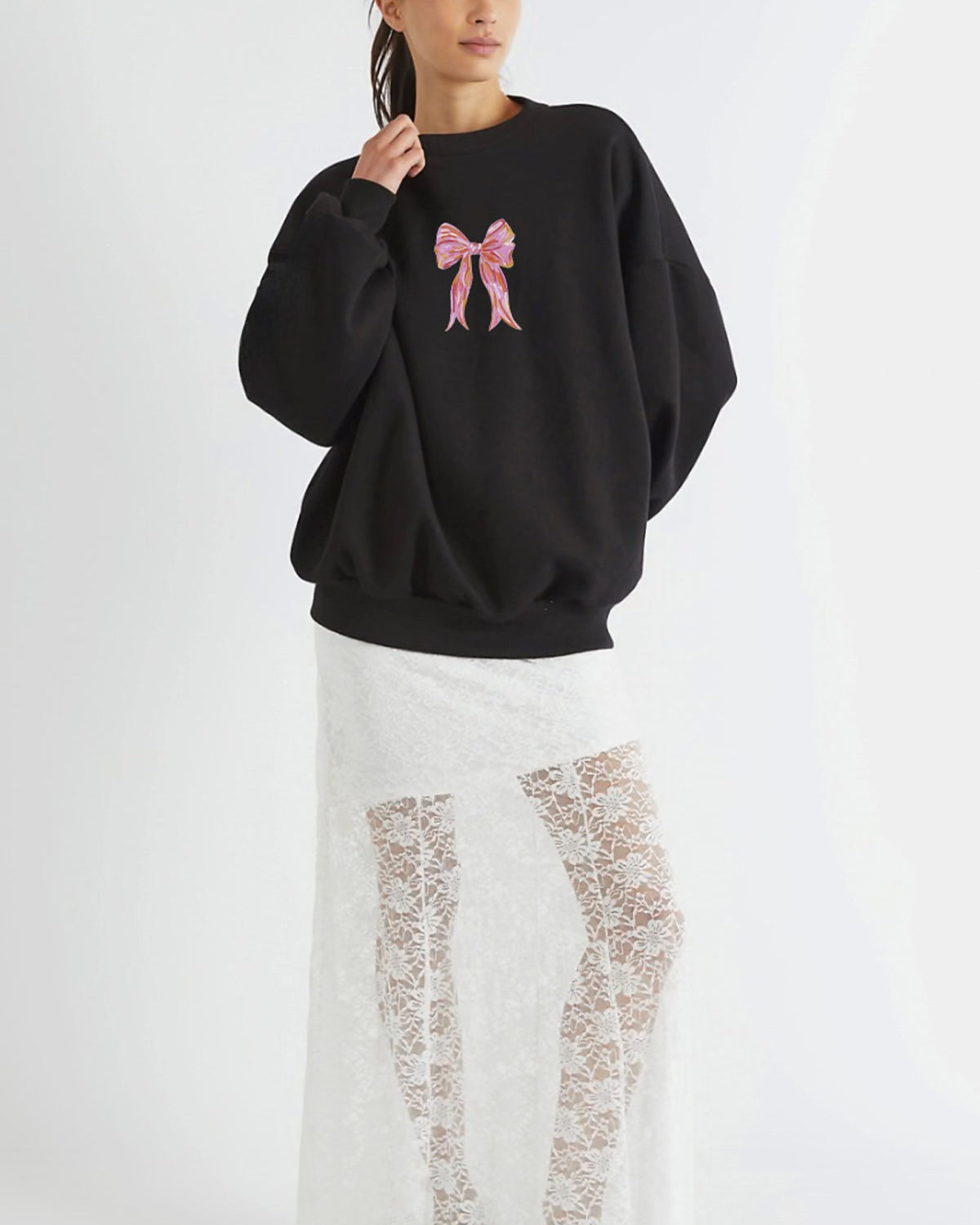 Kadın Oversize Sweatshirt Pembe Kurdele Baskılı Siyah – Bisiklet Yaka, 3 İplik Şardonlu Polar