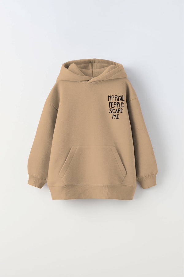 Kapüşonlu İçi Polar Normal People Scare Me Baskılı Bej Unisex Çocuk Hoodie Sweatshirt