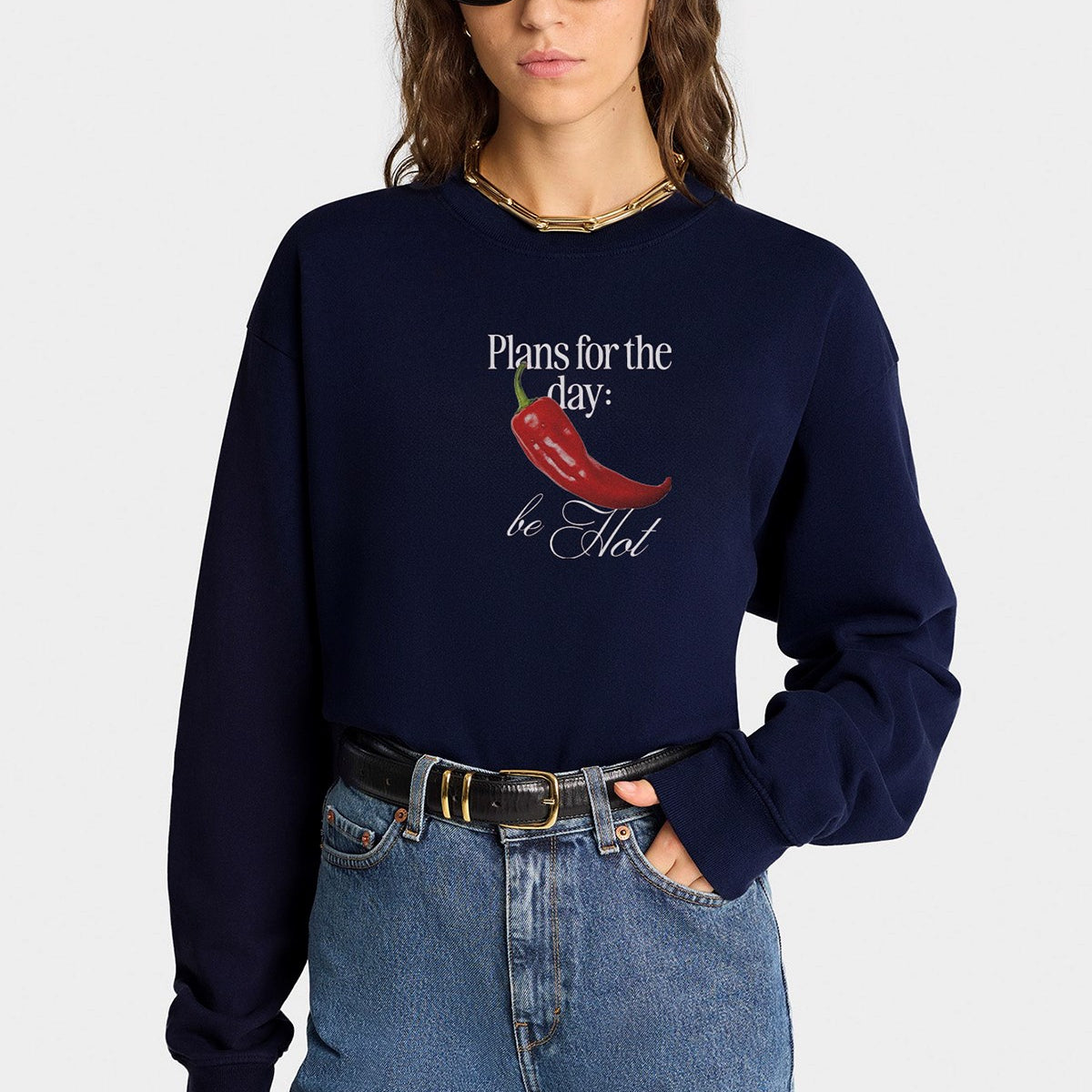 Kadın Oversize Sweatshirt Be Hot Baskılı Lacivert – Bisiklet Yaka, 3 İplik Şardonlu Polar