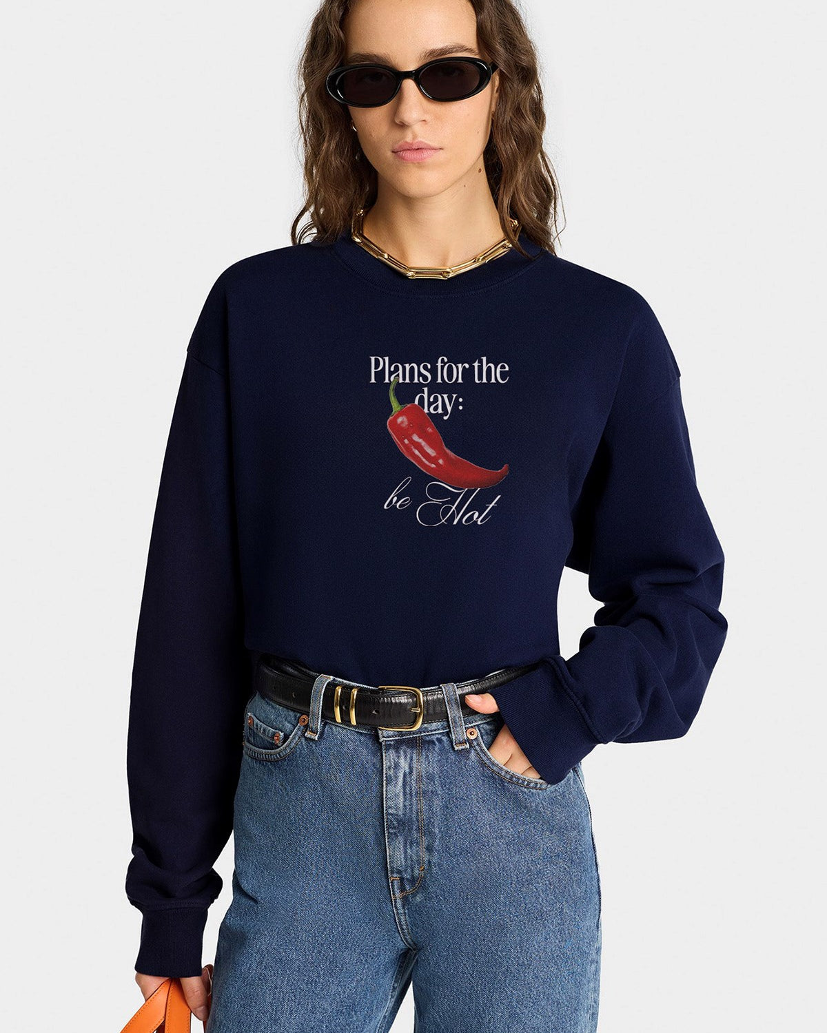 Kadın Oversize Sweatshirt Be Hot Baskılı Lacivert – Bisiklet Yaka, 3 İplik Şardonlu Polar