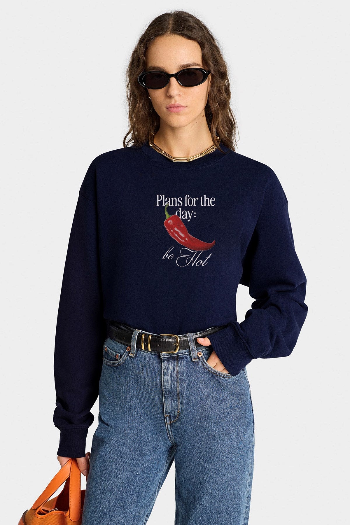 Kadın Oversize Sweatshirt Be Hot Baskılı Lacivert – Bisiklet Yaka, 3 İplik Şardonlu Polar