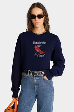 Kadın Oversize Sweatshirt Be Hot Baskılı Lacivert – Bisiklet Yaka, 3 İplik Şardonlu Polar