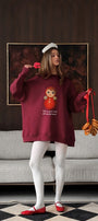 Kadın Oversize Sweatshirt Elbise Matryoshka Girl Baskılı Bordo – Bisiklet Yaka, 3 İplik Polar
