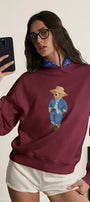 Kadın Oversize Sweatshirt Ranch Bear Baskılı Bordo – Bisiklet Yaka, 3 İplik Şardonlu Polar