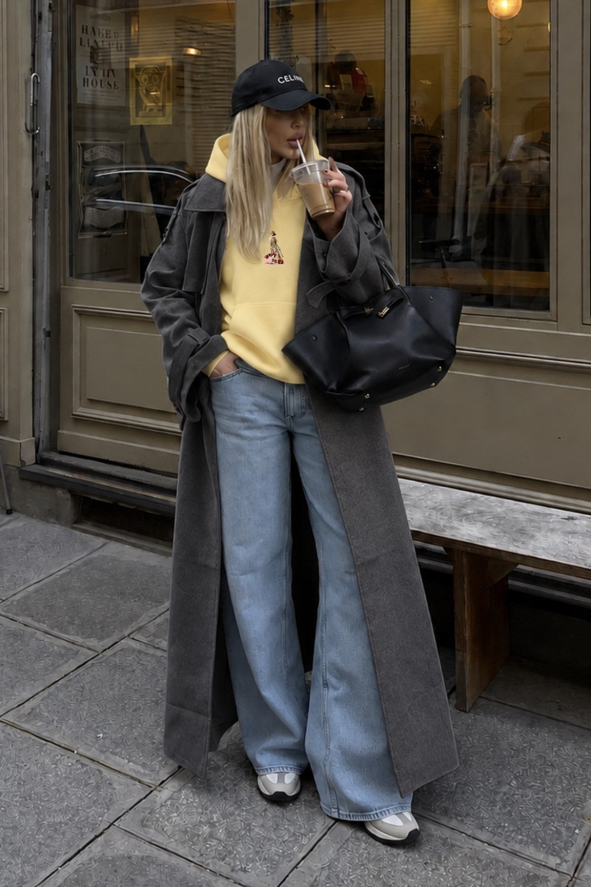 Kadın Oversize Hoodie City Walk Baskılı Sarı – Kapüşonlu, Kanguru Cepli, 3 İplik Polar