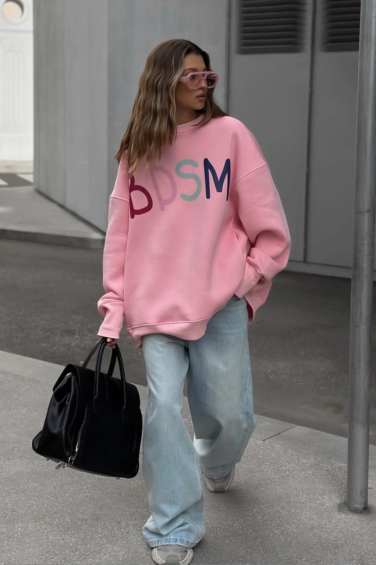 Kadın Oversize Sweatshirt Elbise Color Pop Baskılı Pembe – Bisiklet Yaka, 3 İplik Şardonlu Polar
