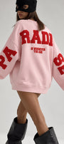 Kadın Oversize Sweatshirt Paradise Varsity Kabartma Baskılı Pembe – Bisiklet Yaka, 3 İplik Şardonlu Polar