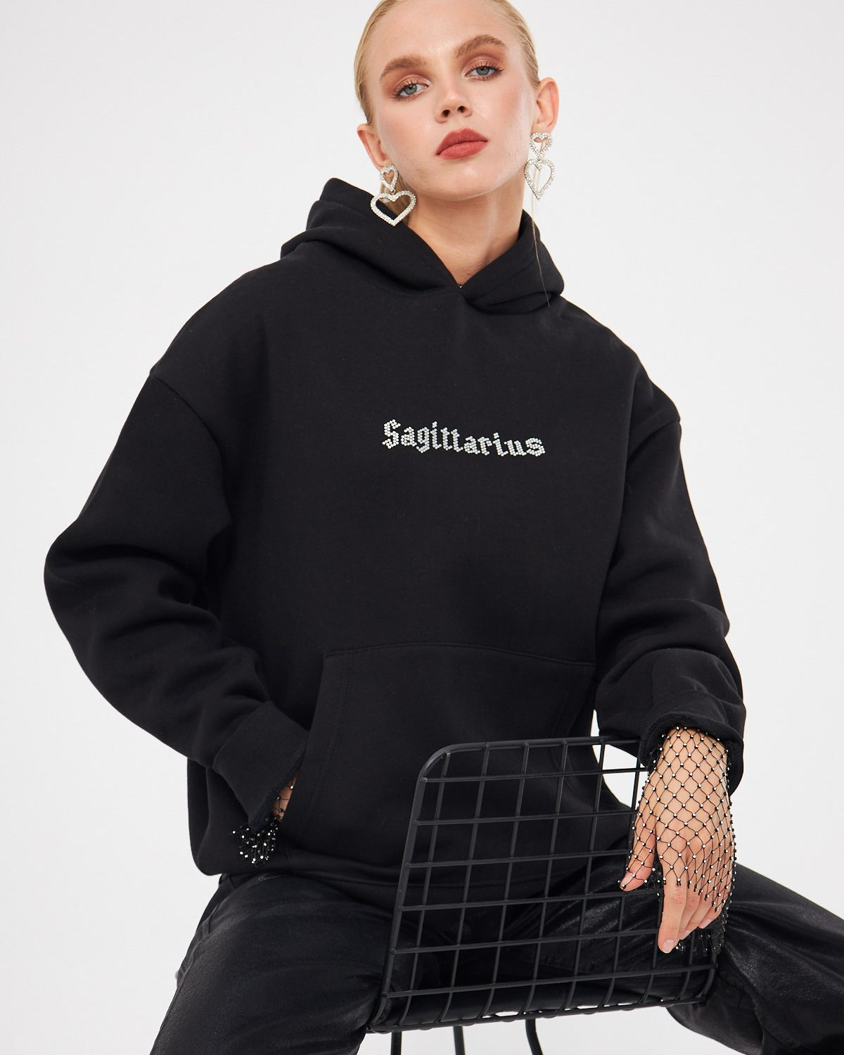 Kapüşonlu İçi Polar Sagittarius Yazılı Taş Baskılı Siyah Oversize Hoodie Sweatshirt