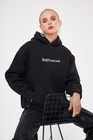 Kapüşonlu İçi Polar Sagittarius Yazılı Taş Baskılı Siyah Oversize Hoodie Sweatshirt