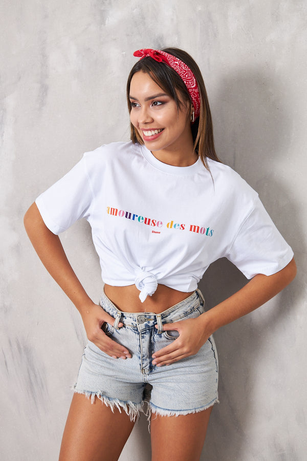 Amoureuse Des Mots Champ Yazılı Beyaz T-Shirt