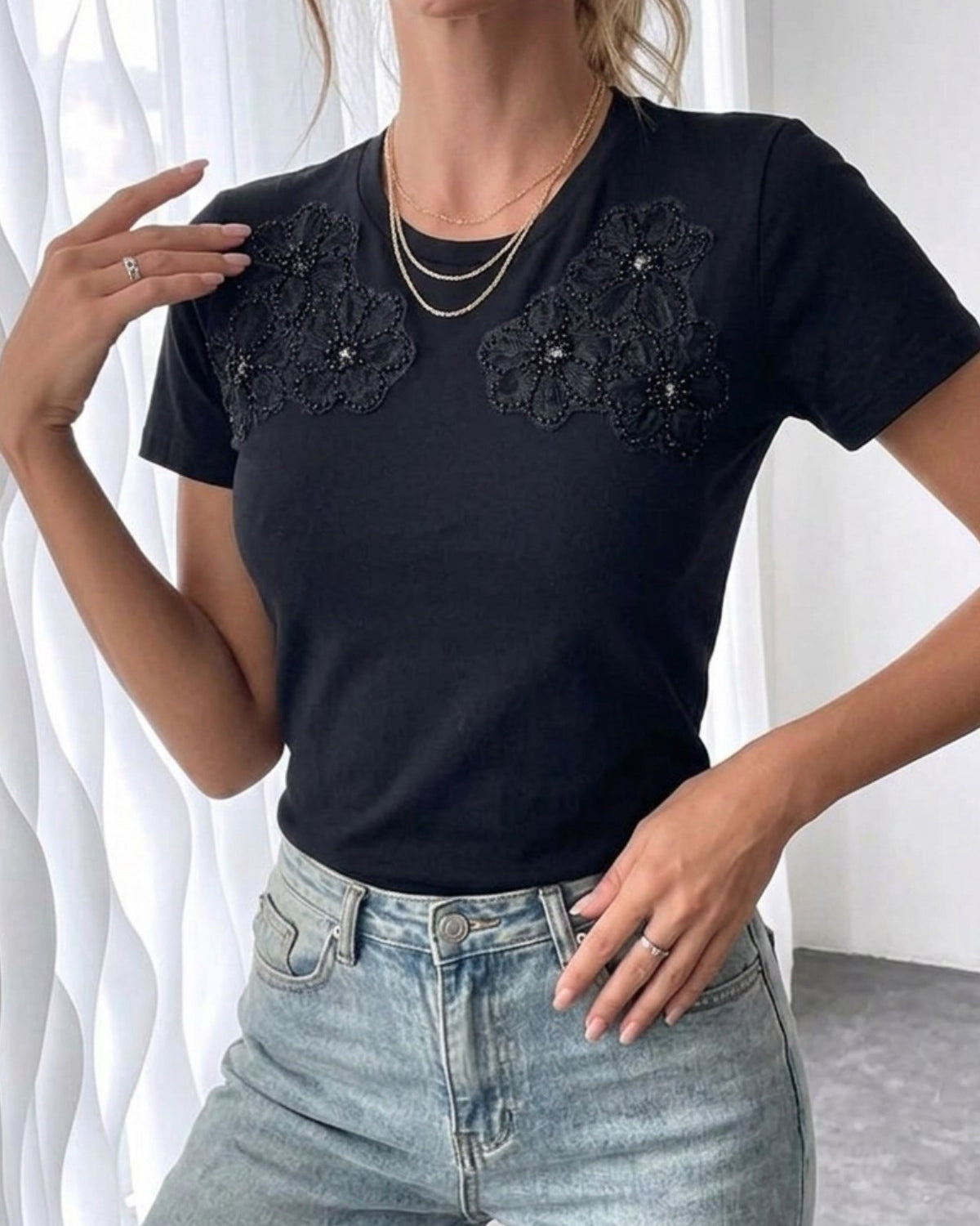 Kadın Oversize Tişört Tül Detaylı Boncuk İşlemeli Flower Beyaz – %100 Pamuk Compact Süprem 24/1