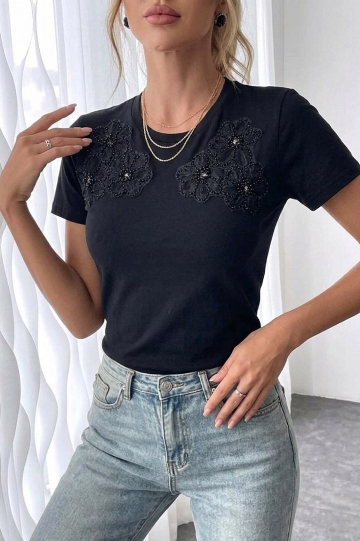 Kadın Oversize Tişört Tül Detaylı Boncuk İşlemeli Flower Beyaz – %100 Pamuk Compact Süprem 24/1