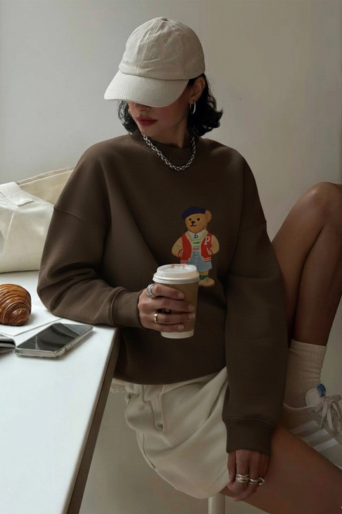 Kadın Oversize Sweatshirt Campus Bear Baskılı Kahverengi – Bisiklet Yaka, 3 İplik Şardonlu Polar