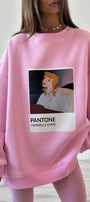 Kadın Oversize Sweat  – 3 İplik Şardonlu Polar, Bisiklet Yaka, Pantone – Prenses Baskılı