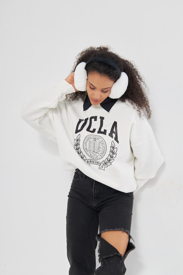 Ucla Yazı Baskılı Bisiklet Yaka İçi Polar Oversize Kesim Unisex Beyaz Sweatshirt