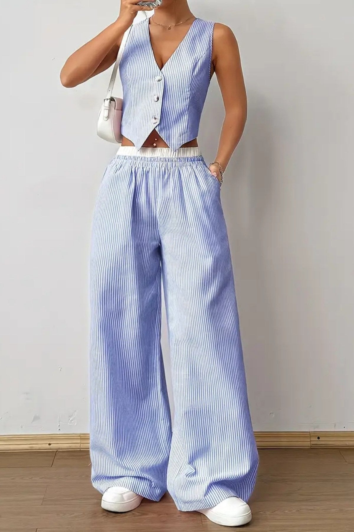 Kadın Çizgili Poplin Dokuma İkili Takım – Düğmeli Crop Yelek & Bol Paça Pantolon Yazlık Rahat Model