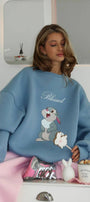Kadın Oversize Sweat Elbise Blessed Bunny Baskılı Marine – Bisiklet Yaka, 3 İplik Şardonlu Polar