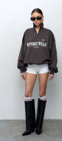 Kadın Füme Beverly Hills CHAMP Baskılı Fermuarlı Yarım Balıkçı Yaka Oversize Sweatshirt – Spor ve Günlük Şık Üst