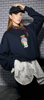 Kadın Oversize Sweatshirt City Club Bear Baskılı Lacivert – Bisiklet Yaka, 3 İplik Şardonlu Polar
