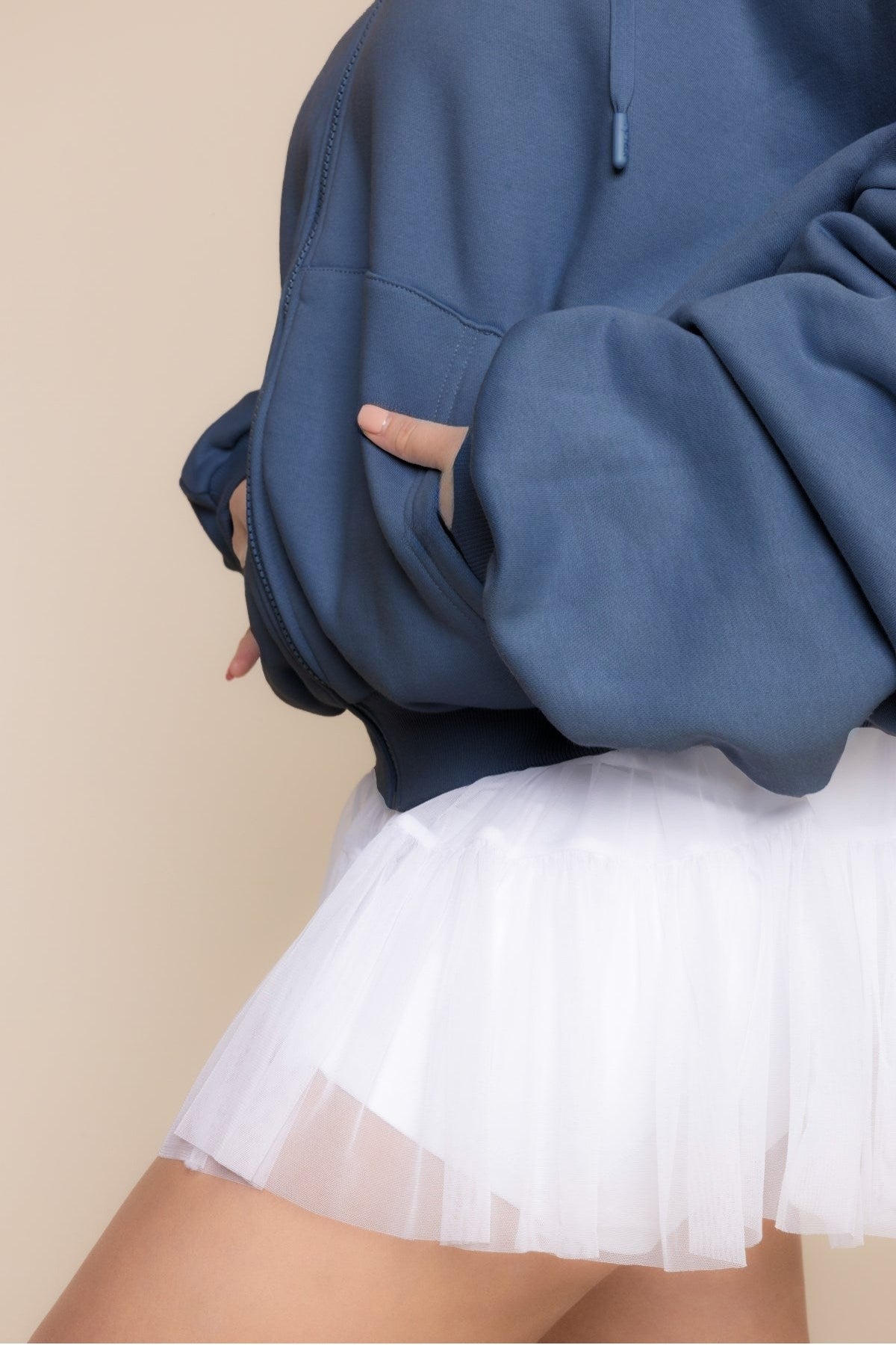 Kadın Koyu Mavi Kapüşonlu Sweatshirt Fermuarlı 3 İplik Şardonlu Oversize Kesim