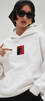 Kadın Oversize Hoodie Noir Cat Baskılı Beyaz – Kapüşonlu, Kanguru Cepli, 3 İplik Şardonlu Polar