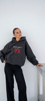 Kadın Oversize Sweatshirt Hoodie Hot & Spicy Baskılı Füme – Kapüşonlu, 3 İplik Şardonlu Polar